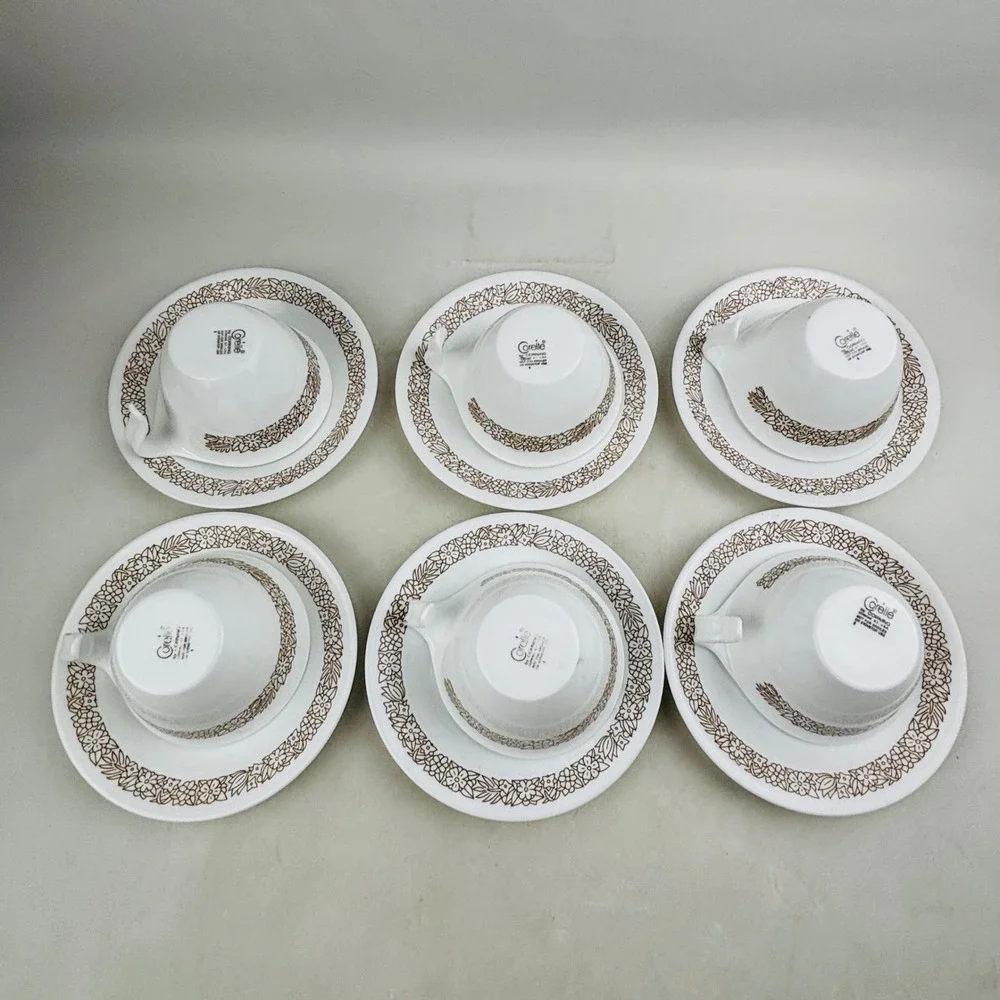 Corelle Woodland Brown 6 Flat Cup & Saucer Set Hook Handle Floral White Vintage‎